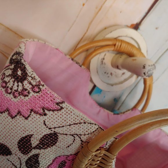 *no tag VINTAGE style purse handbag w burlap texture rattan handle pink & cream - Picture 13 of 16